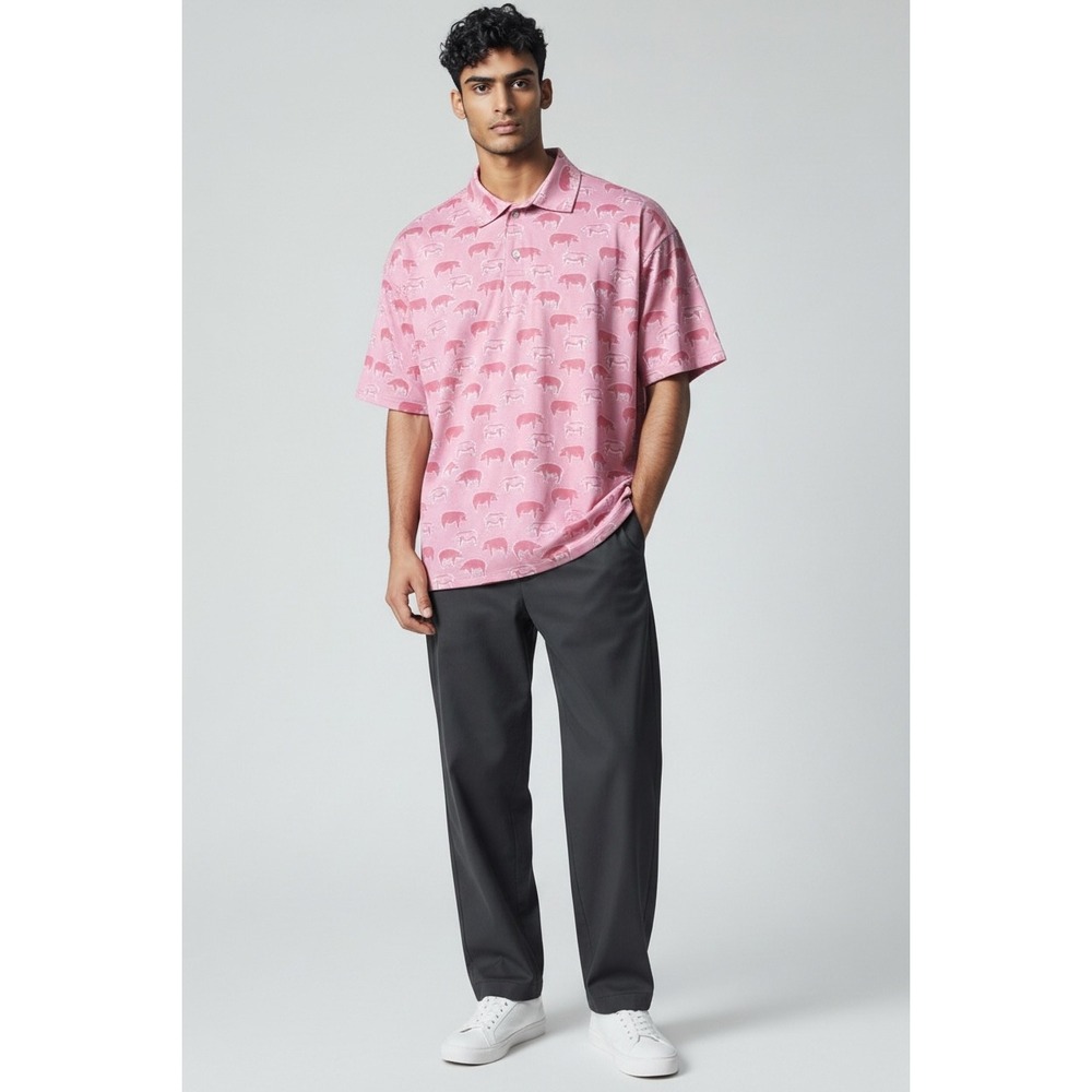 582 Waggle Golf Mens Hog Heaven Polo Shirt Pink Pig Print Performance Stretch 3X